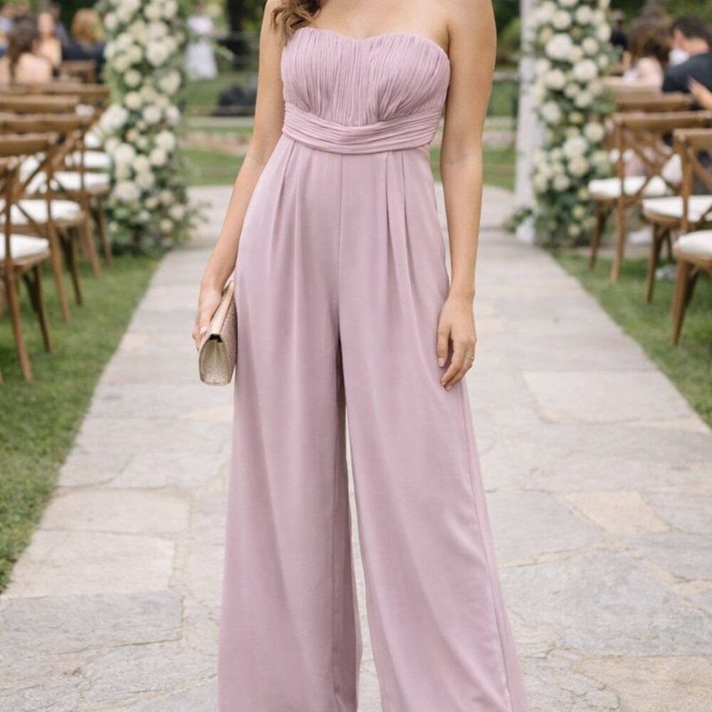 Lulus Strapless Jumpsuit Wide Leg Empire Waist Blush Pink Pleated Top size Med